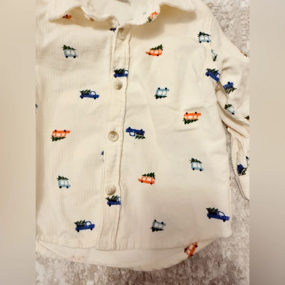 Old Navy Kids Beige Cotton Button Down Corduroy Shirt with  Car Pattern -6-12M